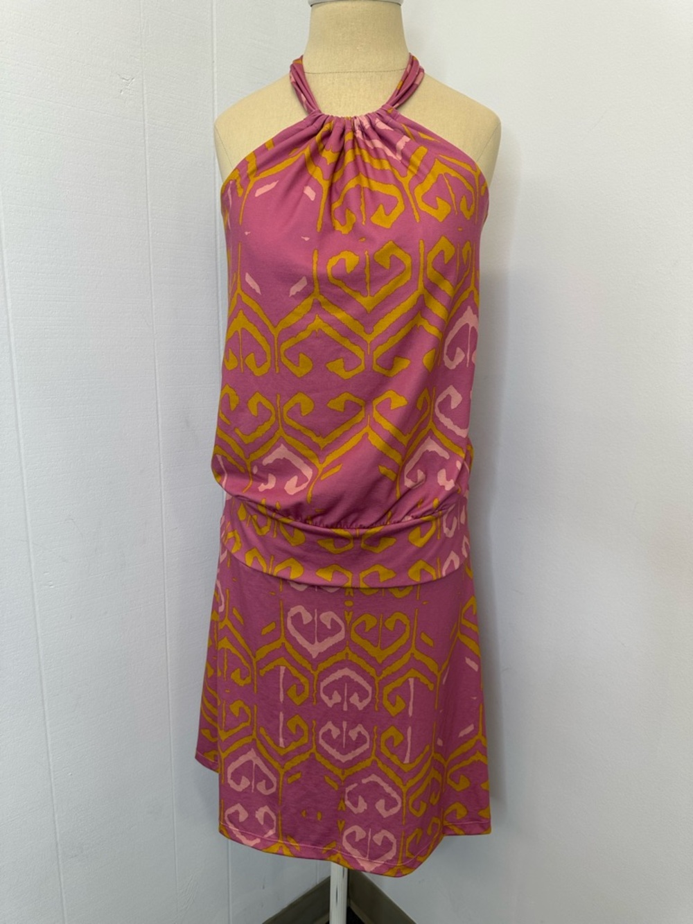 Prana Medium Groovy Print Pink & Mustard Halter Drop Waist Mini Dress